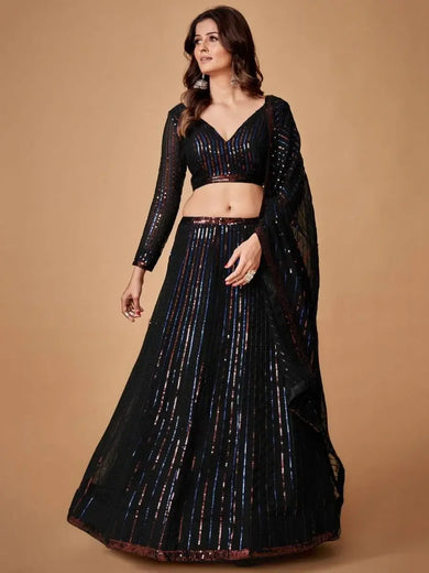 Glamorous Black Sequin Work Georgette Party Wear Lehenga Choli